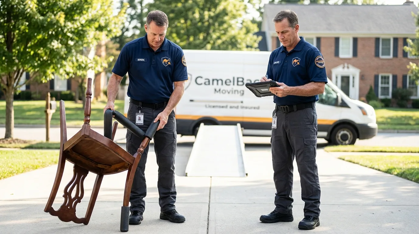 Movers inspecting furniture for damage prevention before loading in Clintwood, VA