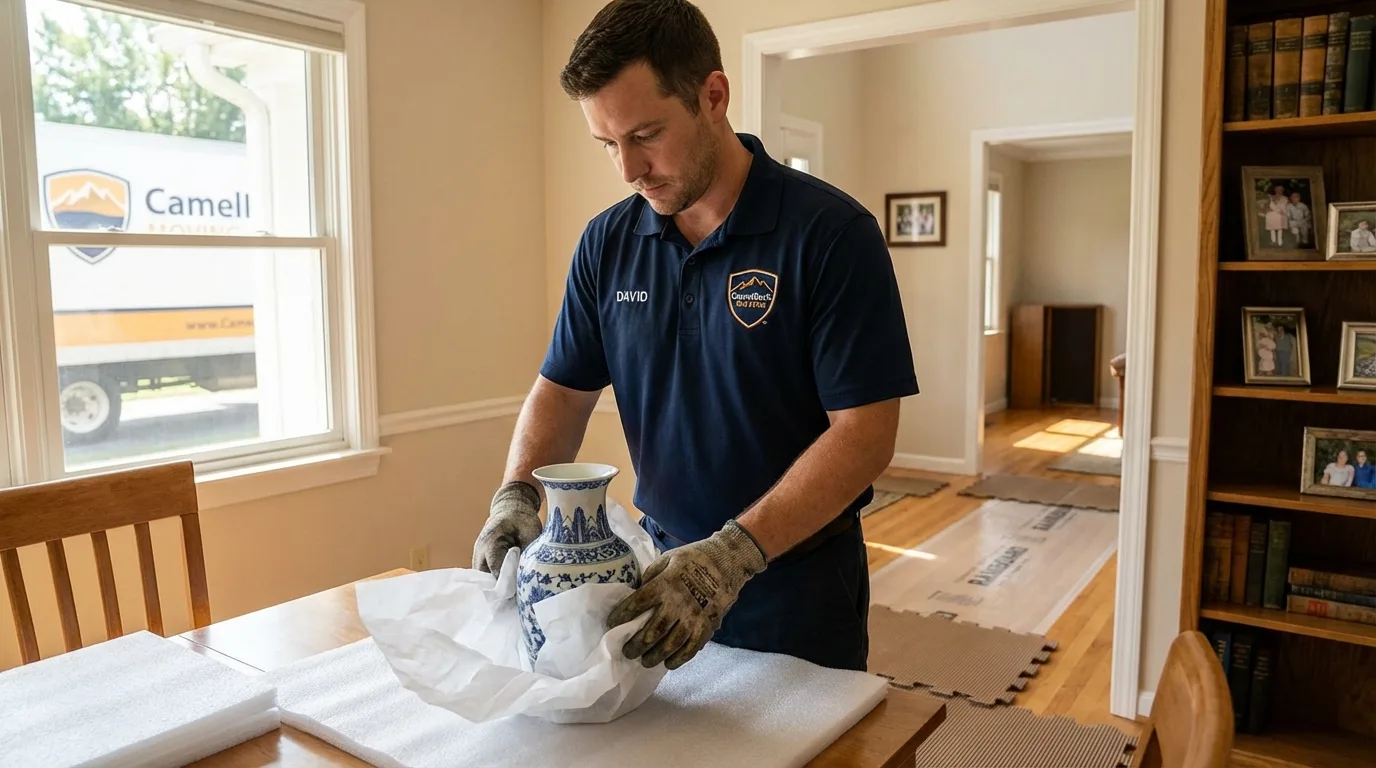 Professional crew carefully wrapping antique vase for senior downsizing move in Clintwood, VA